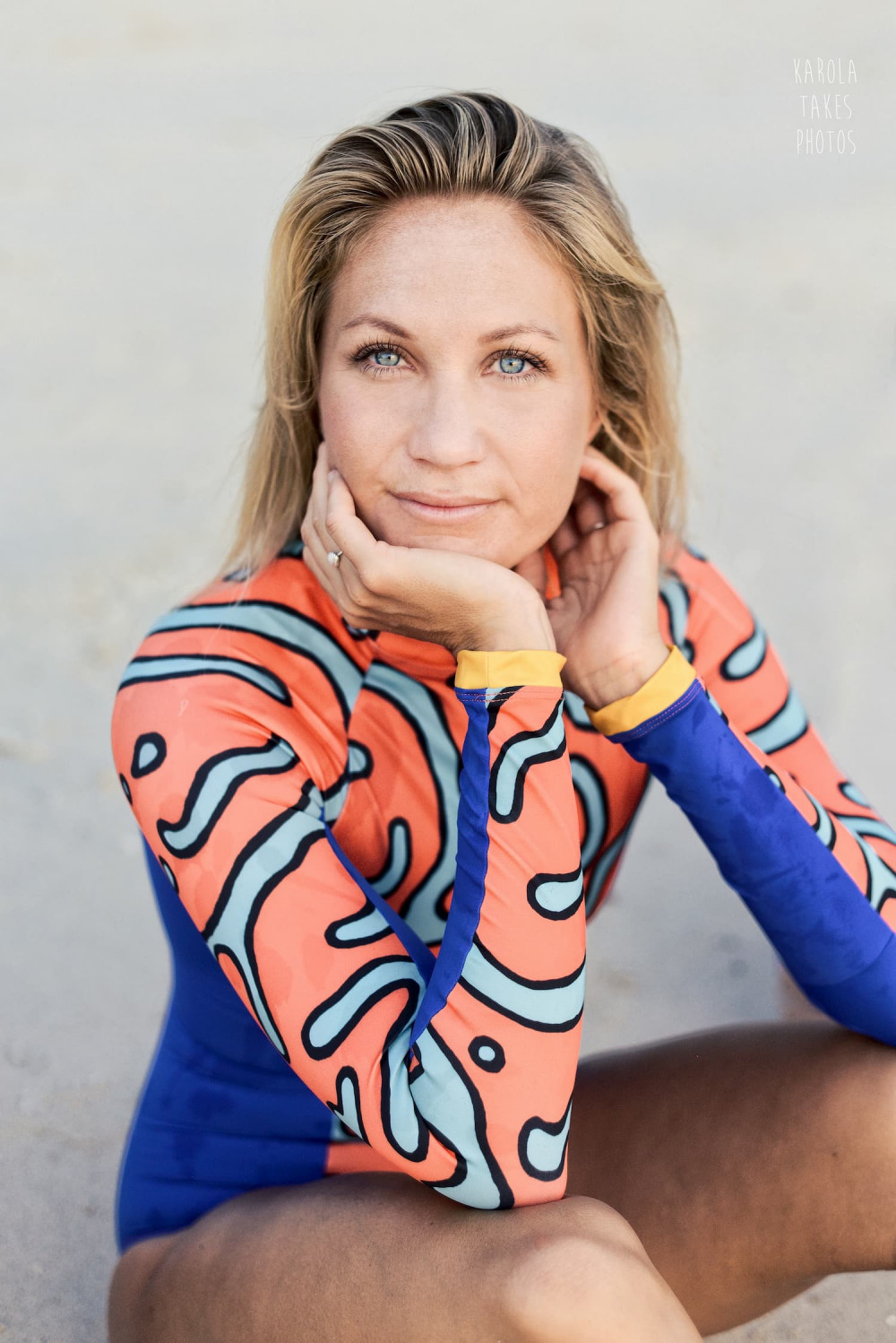 Portrait picture from model Leesa wearing mandarinfish bodysuit from ocean mimic